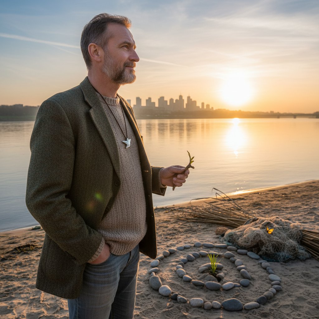 Mężczyzna nad Wisłą rozmyśla o zmianach w swoim życiu po konsultacji astrologicznej – astrologia i satysfakcja