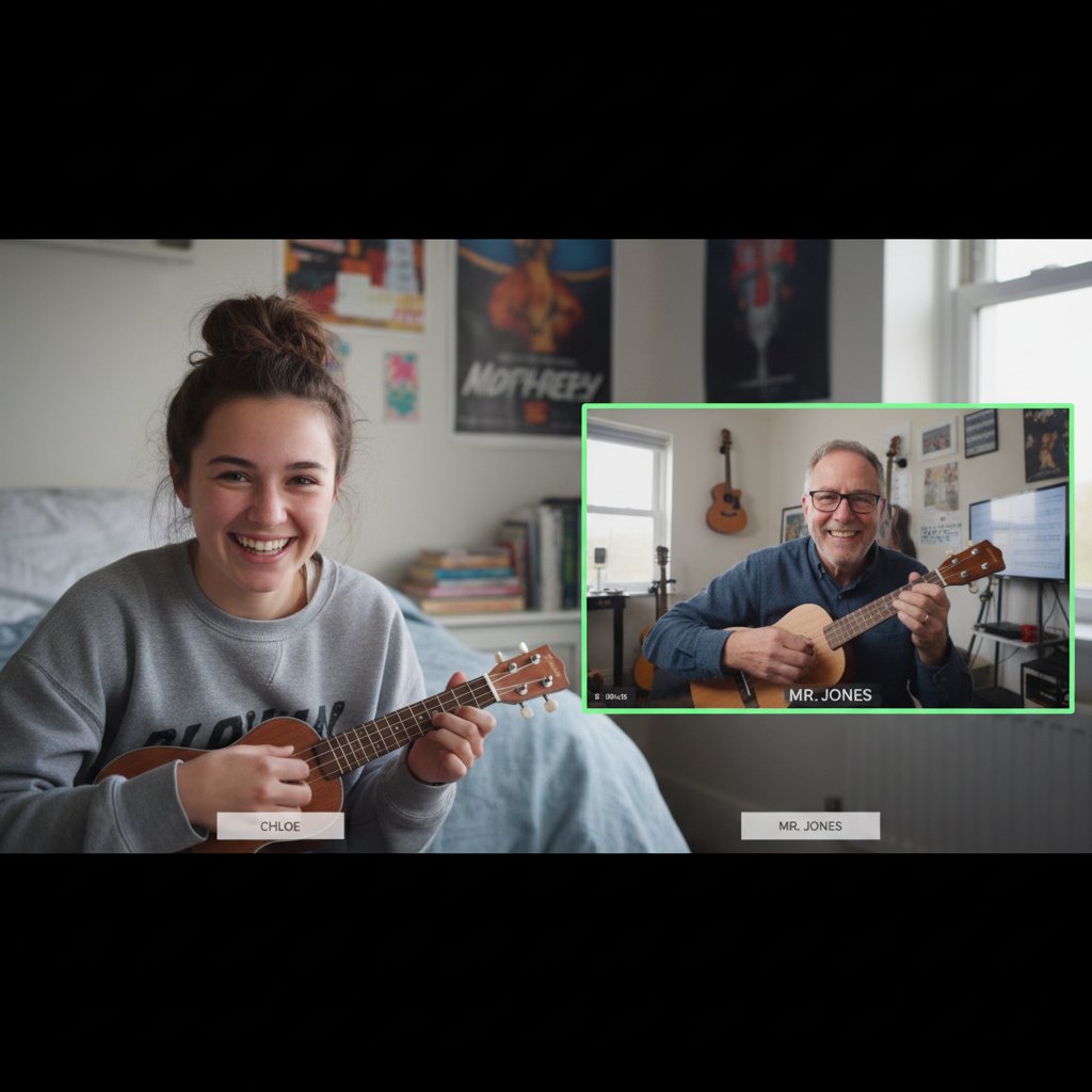 Zbliżenie na rozmowę wideo ucznia i nauczyciela z ukulele, podkreślające znaczenie interakcji i atmosfery lekcji online