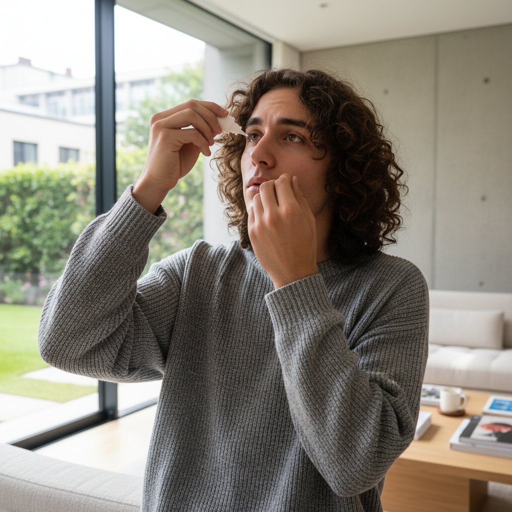 Osoba aplikująca krople do oczu w domu po diagnozie podwyższonego ciśnienia