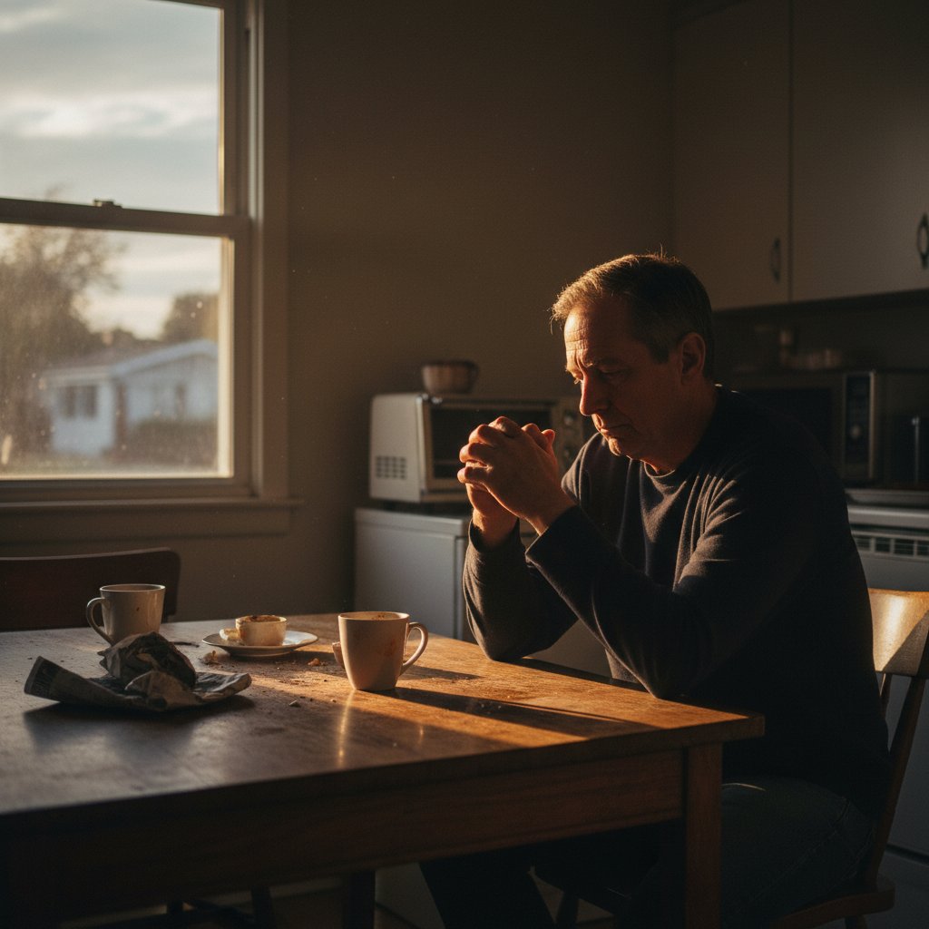 Mężczyzna samotnie rozważający objawy kołatania serca przy kuchennym stole, wieczorne światło, atmosfera izolacji