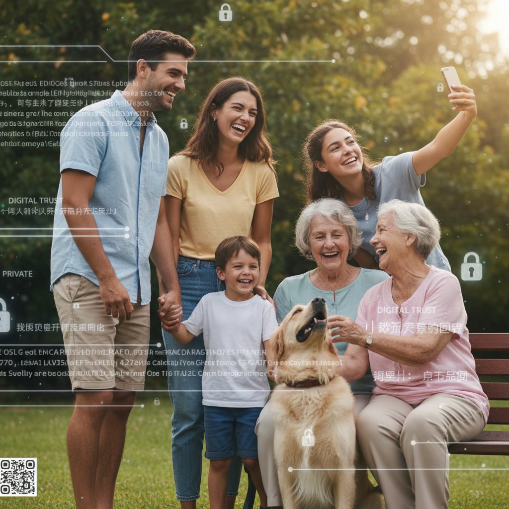 A person reviewing old family photos on a secure digital platform, weighing candor and curation