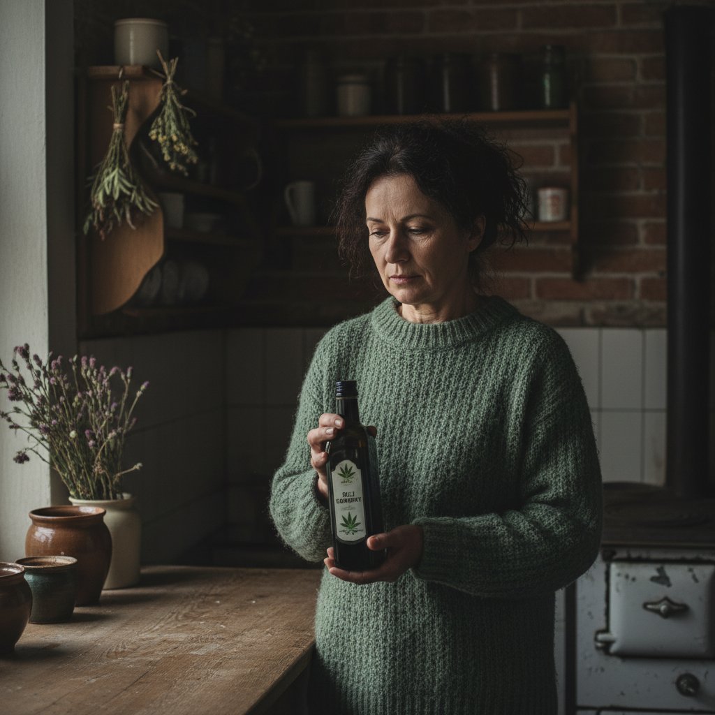 Użytkowniczka oleju konopnego w domowej kuchni, portret kobiety z butelką