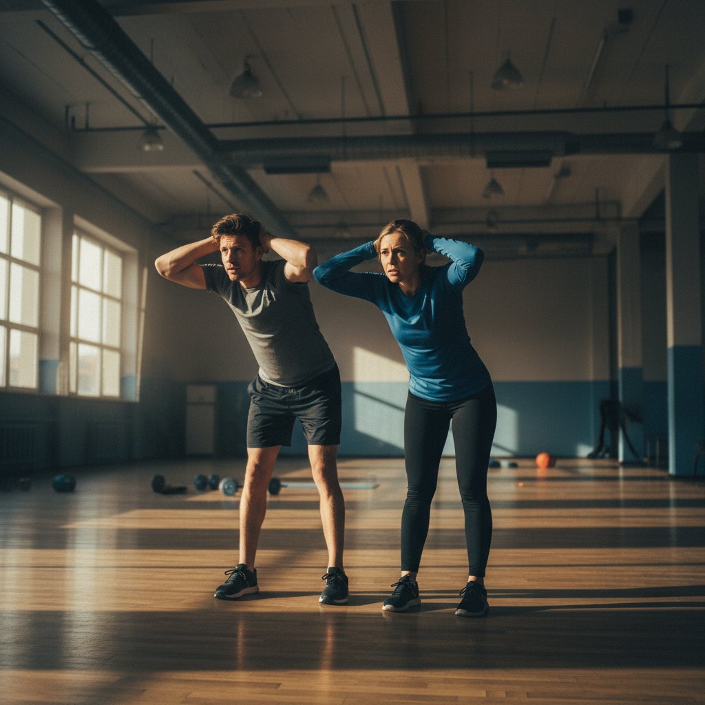 Para rozciągająca się wspólnie w pustej siłowni, niepokój na twarzach, dokumentalny styl