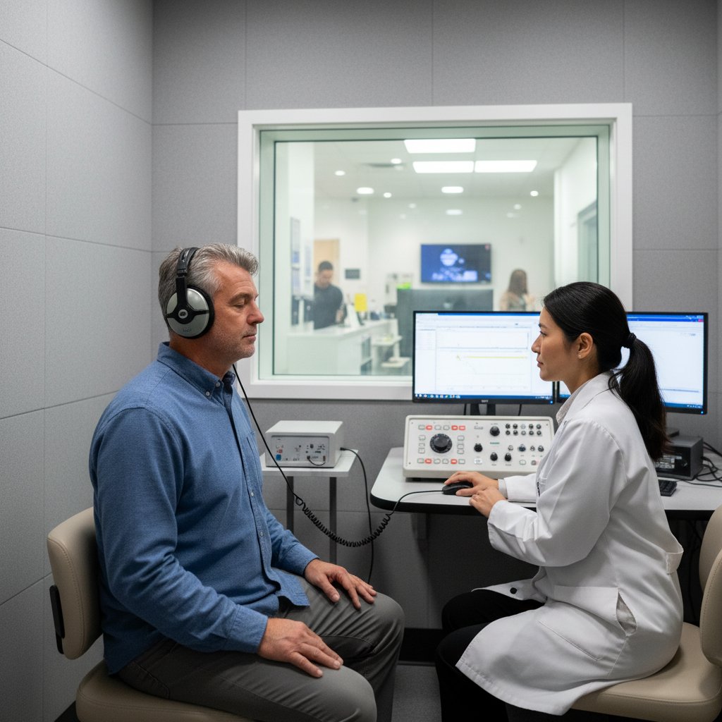 Mężczyzna podczas badania słuchu u audiologa