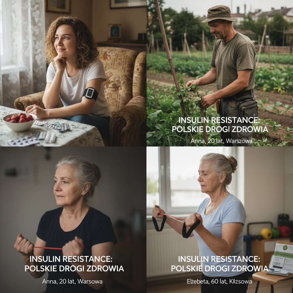 Trzy osoby zmagające się z insulinoopornością w różnych sytuacjach życia codziennego