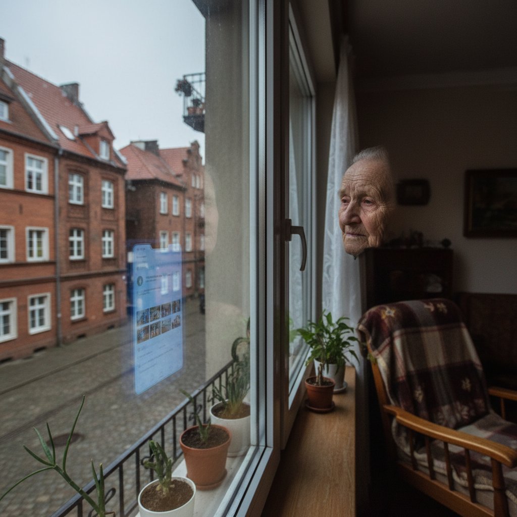 Starsza osoba patrząca przez okno z telefonem w ręku, symbolizująca samotność i szukanie kontaktu online