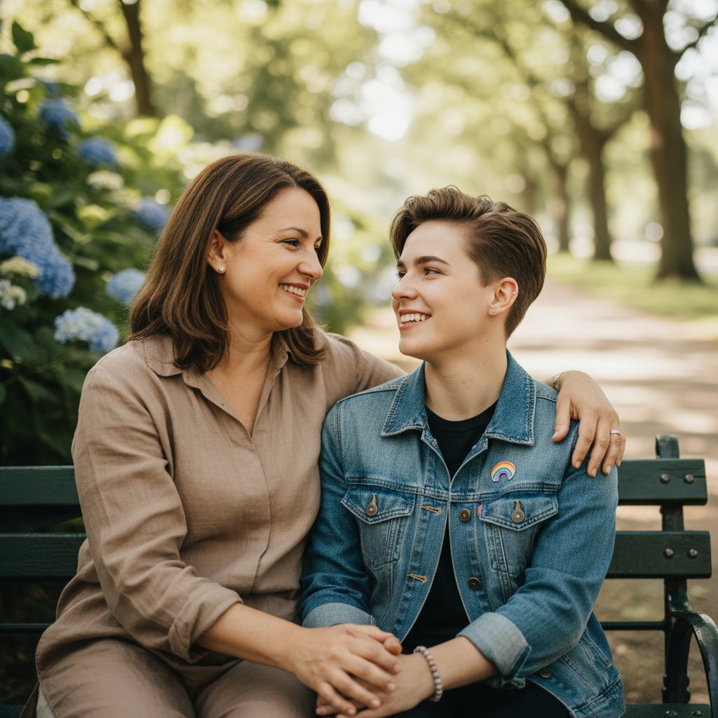 Kobieta w średnim wieku i osoba transpłciowa dzielą się doświadczeniami z hormonoterapii.
