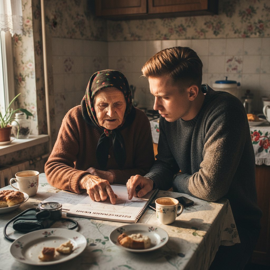 Starsza i młodsza osoba rozmawiające o dzienniczku ciśnienia przy stole, pokoleniowy kontrast