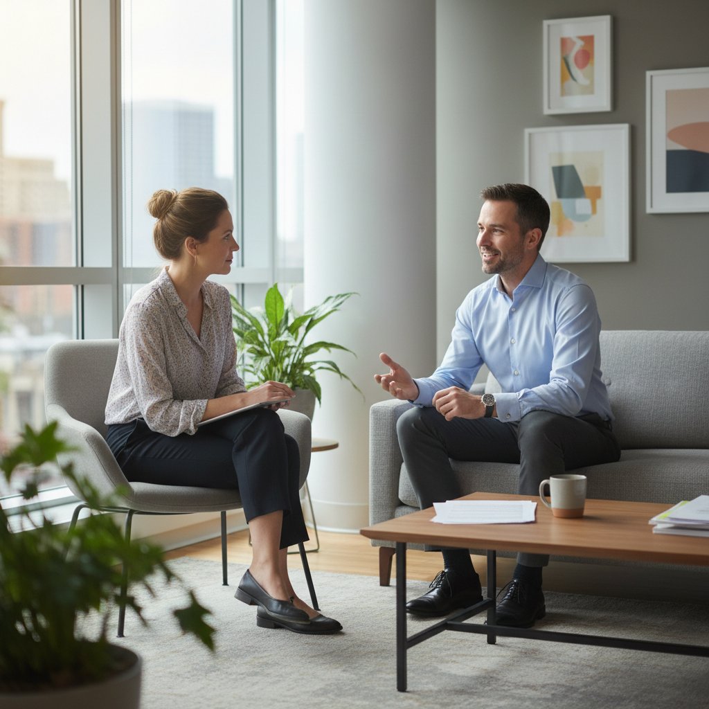 Pacjent rozmawiający z lekarzem o teranostyce w nowoczesnym gabinecie