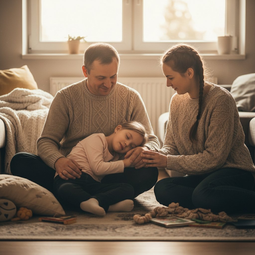 Rodzina wspierająca córkę z zespołem Retta podczas codziennych czynności w domu, ciepłe światło, intymny moment