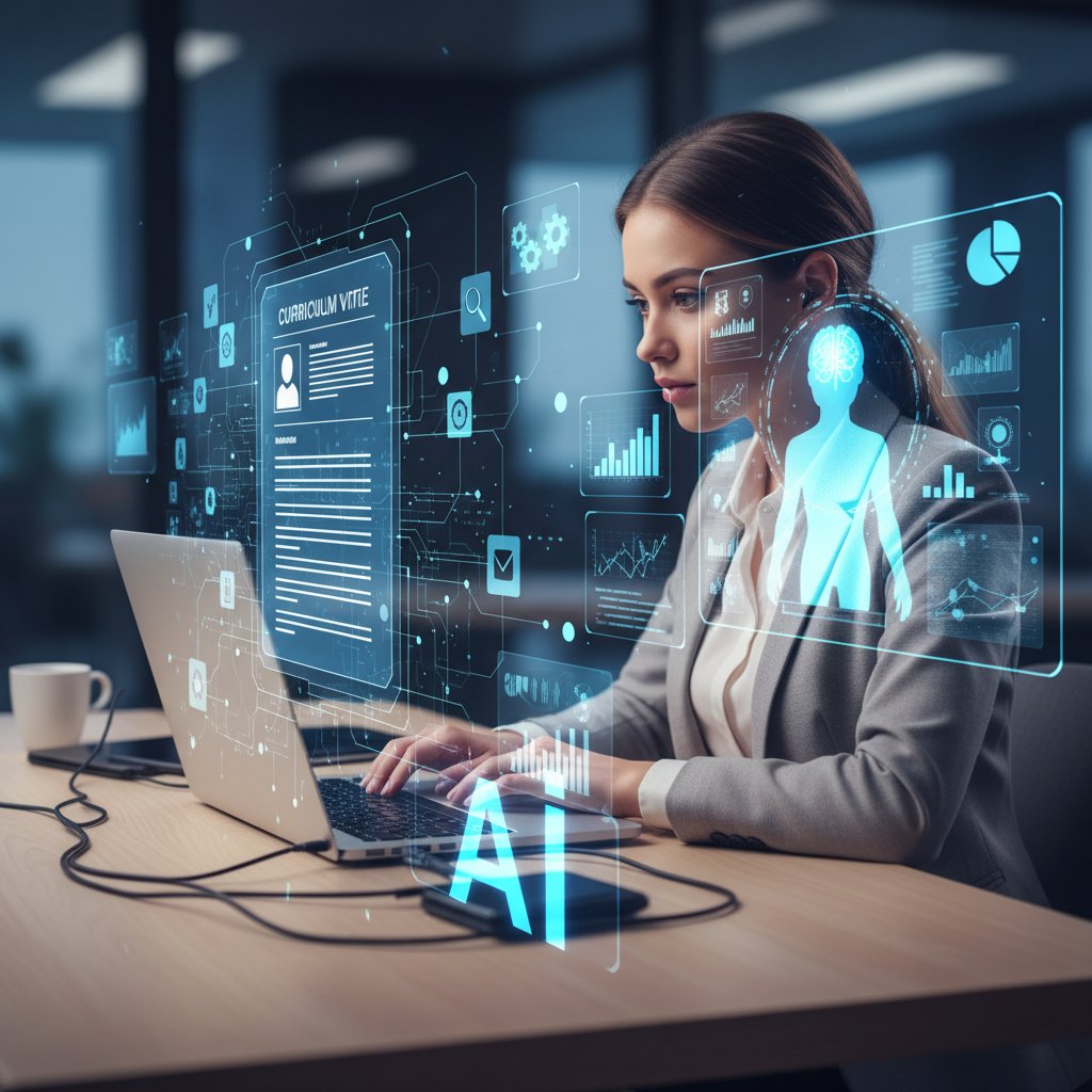 Kandydat przed laptopem, AI analizuje CV, cyfrowe symbole i elementy rekrutacyjne