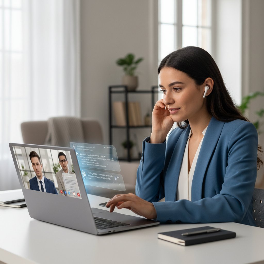 Kandydat korzystający z platformy AI do symulacji rozmowy na laptopie