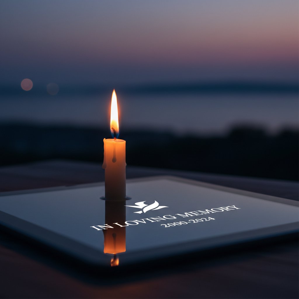Candle flickering beside a digital tablet displaying a memorial at twilight, symbolizing hope and the future of remembrance