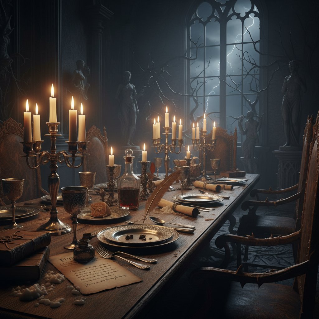 Evocative candlelit scene reminiscent of Robert Eggers film atmosphere