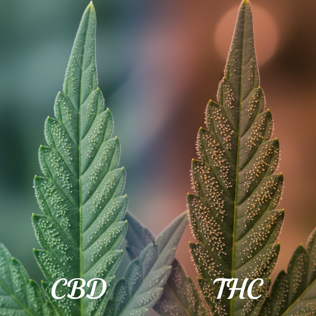 Zbliżenie na dwa liście konopi — jeden symbolizujący CBD, drugi THC, z widocznymi różnicami koloru