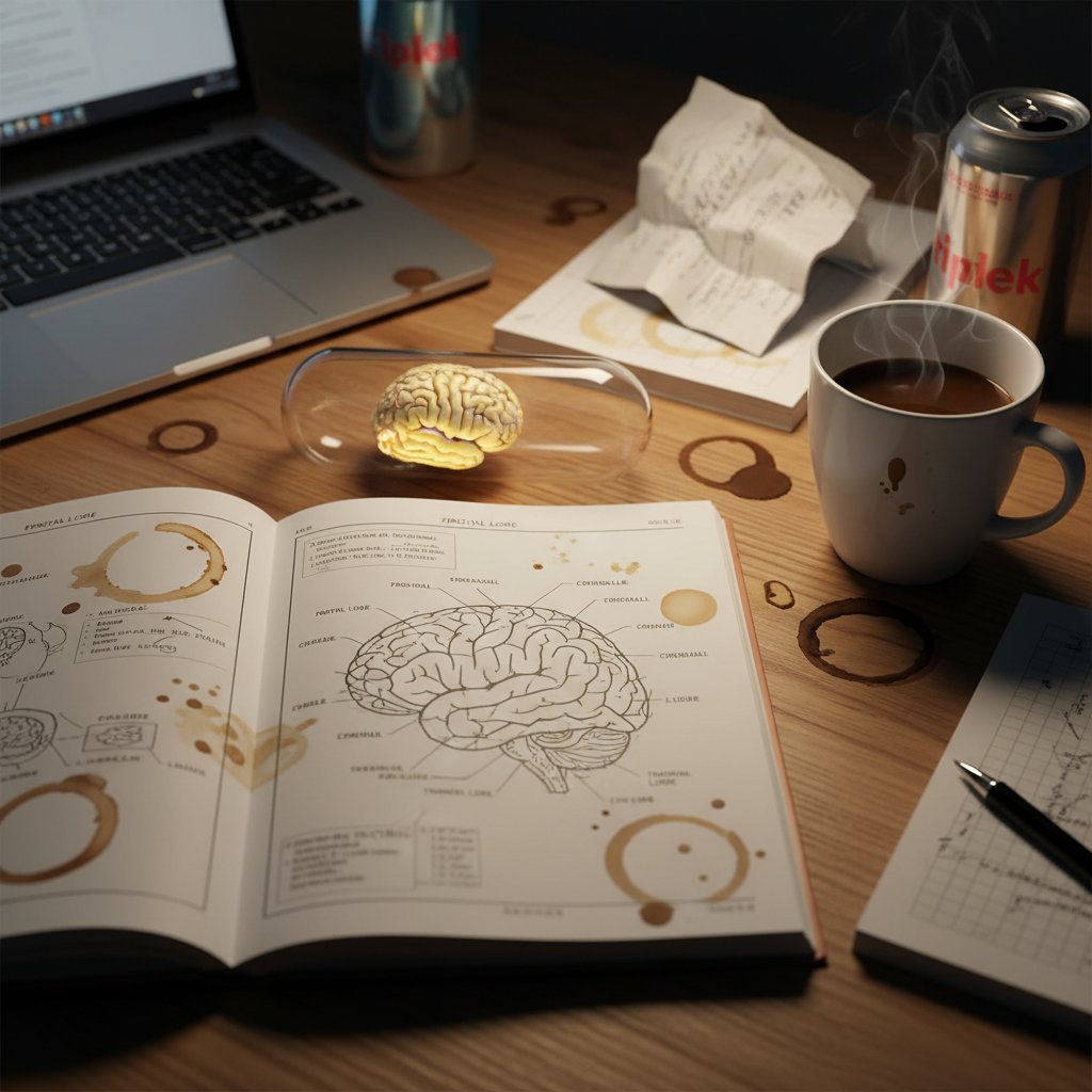 Zbliżenie kapsułki z napisem PS na biurku studenta, książki, plamy po kawie, rysunek mózgu