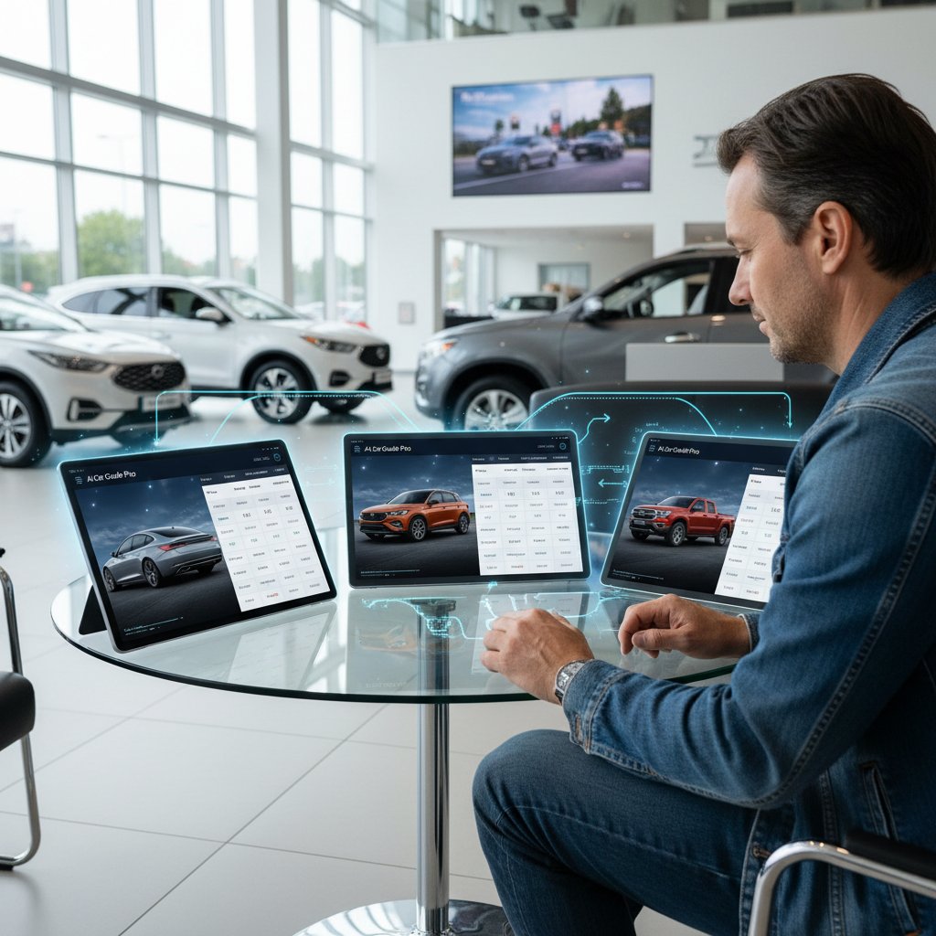 Car buyer comparing AI car guide apps side by side on tablets, highlighting car guide ai feature differences
