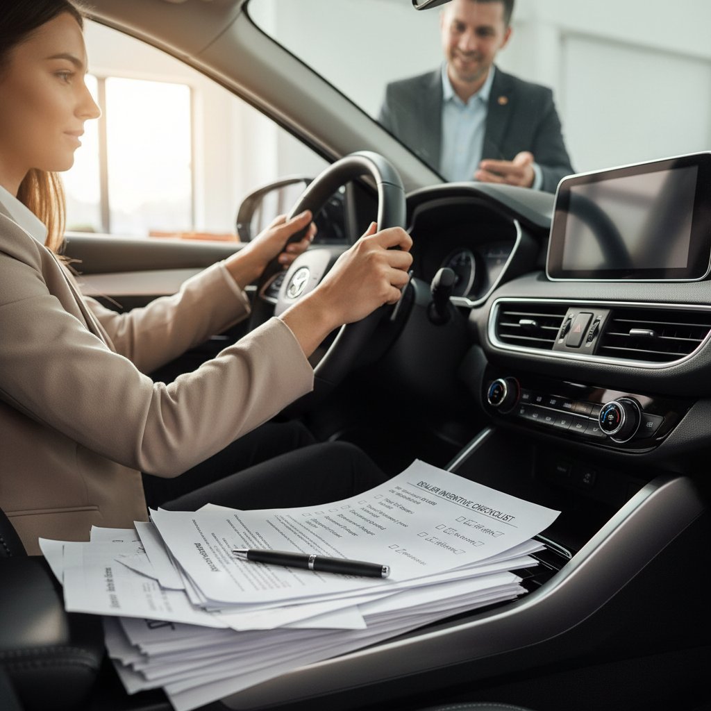 Car buyer’s dealer incentive checklist on steering wheel, keys and paperwork visible