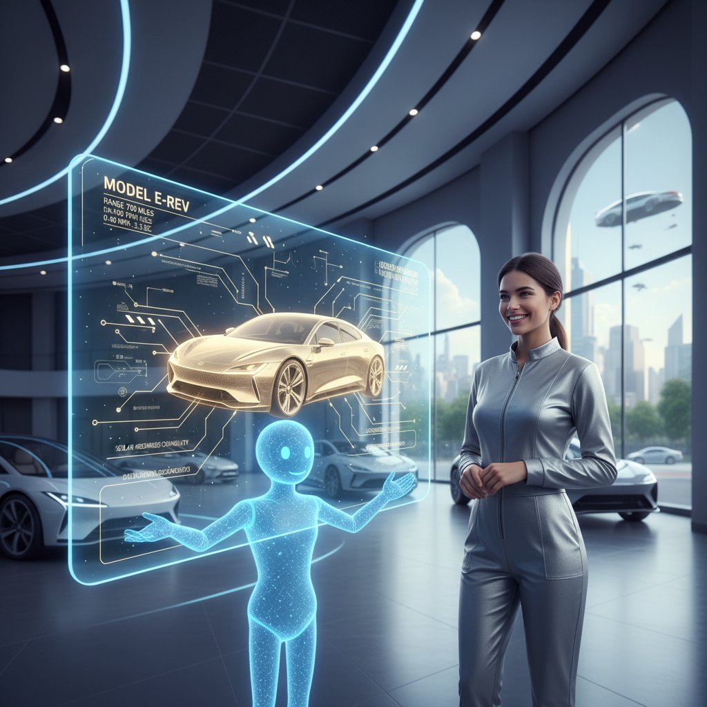 Futuristic photo of car buyer consulting a digital assistant while viewing vehicle specs