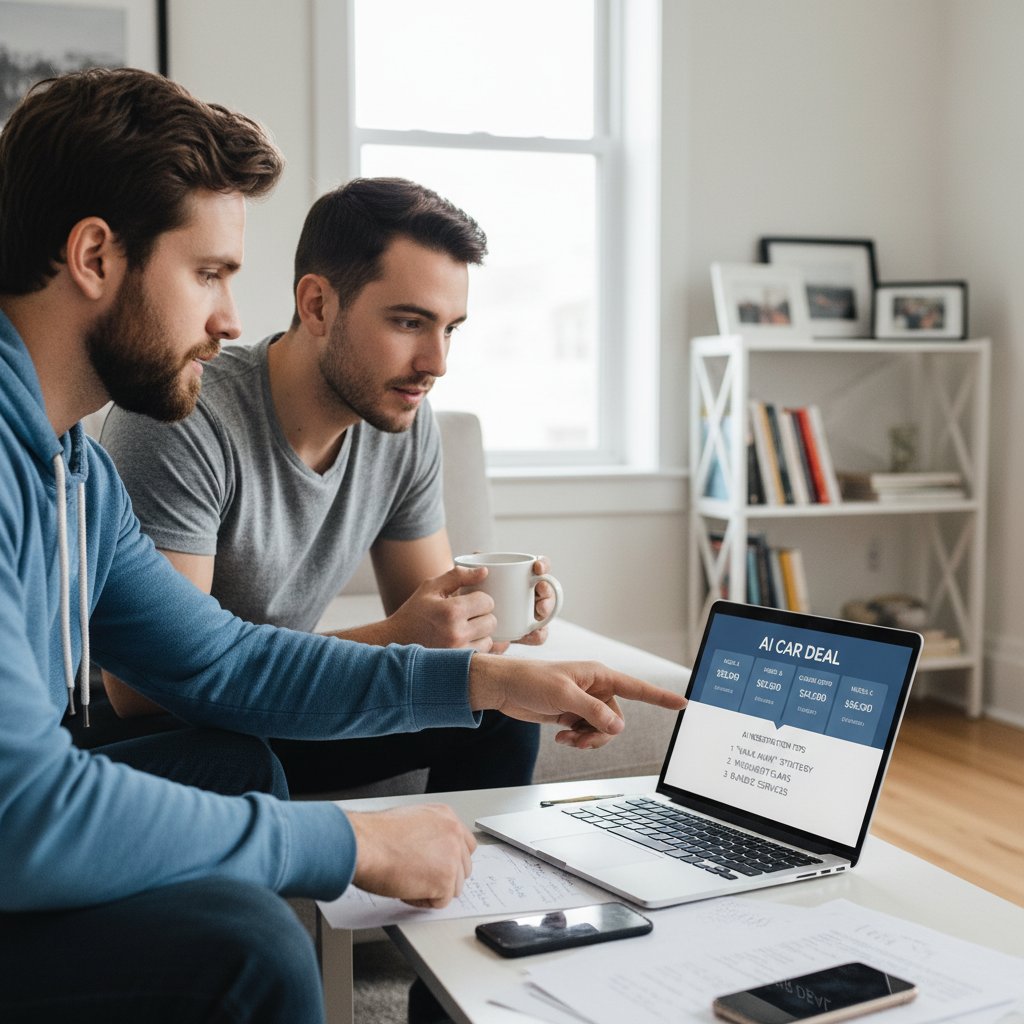 Photo of a car buyer and friend reviewing AI-generated car deal on a laptop, comparing options, focused expressions