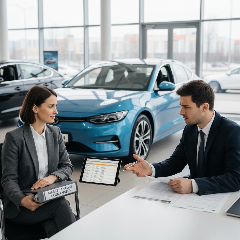 Car buyer using negotiation leverage, confidently leaving a dealership