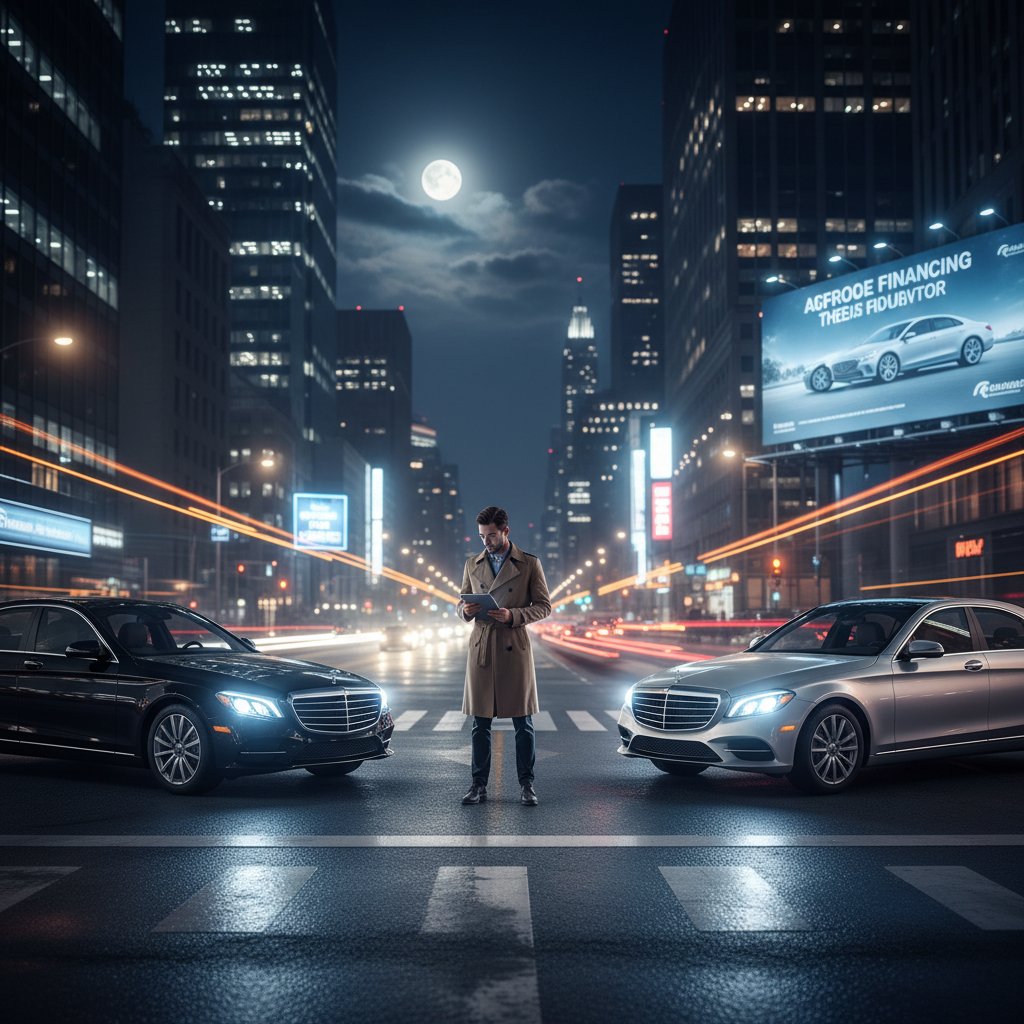 Car buyer silhouetted at night, standing before two very different vehicles, symbolizing the crossroads of car buying decisions and the impact of consumer reports