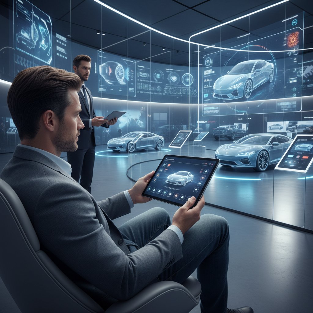 Car buyer using tablet in digital dealership environment