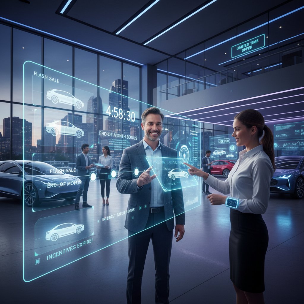 Car buyer leveraging technology to time incentives, smartphone glowing, dealership background