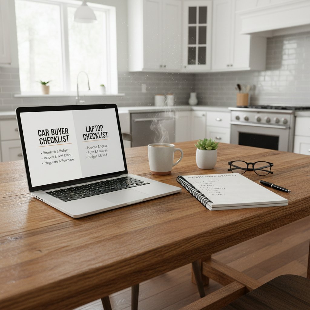 Buyer at kitchen table with checklist and laptop open