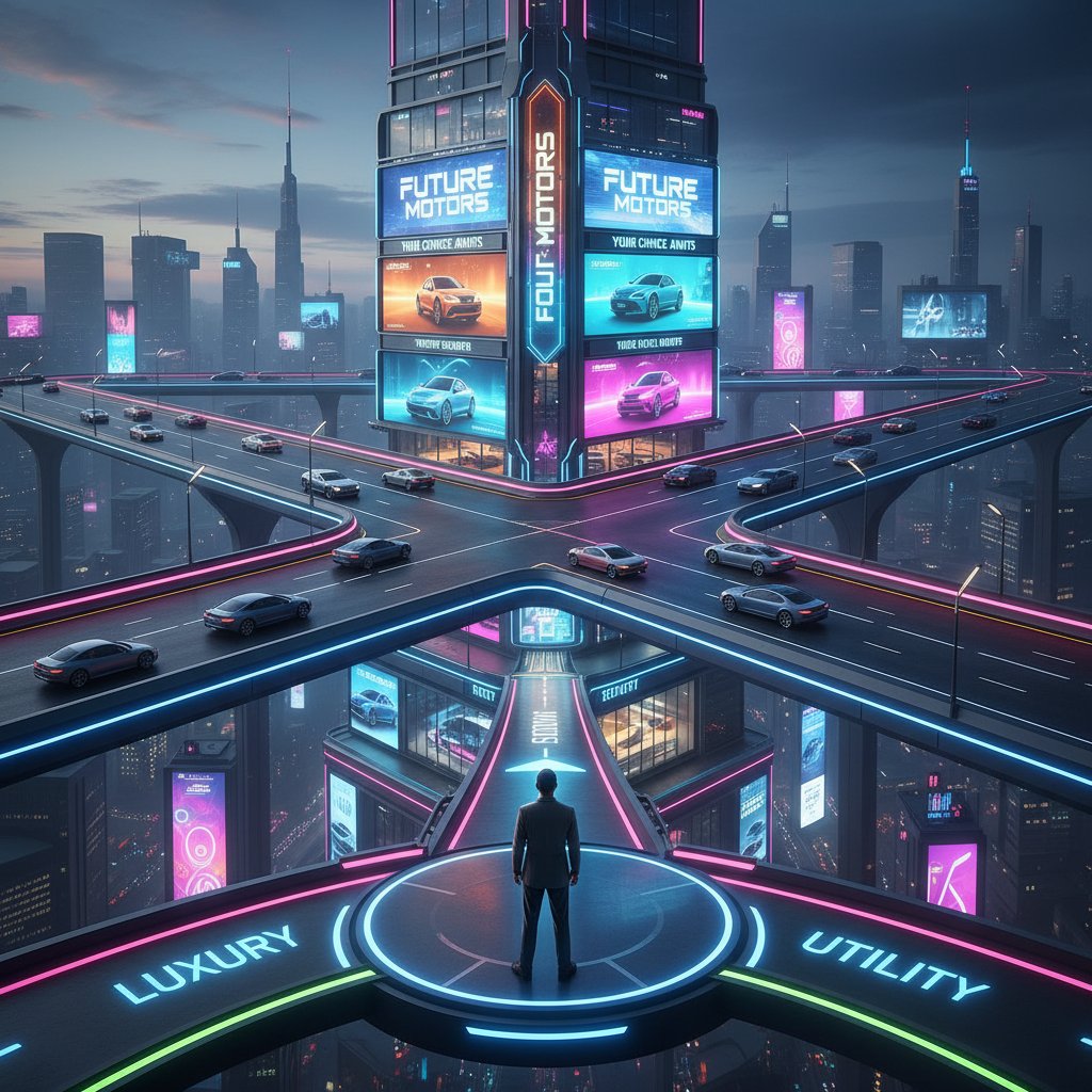 A car buyer stands at a crossroads with a glowing dealership on one side and a digital path on the other, car buying assistant vs dealership