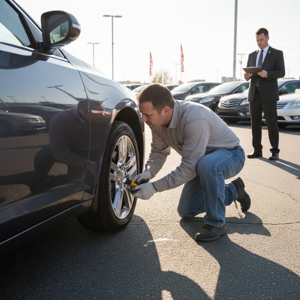Car buyer visually inspecting suspension under vehicle at dealership