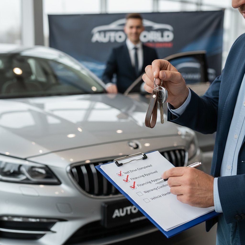 Buyer ticking boxes on printed checklist, car keys in hand