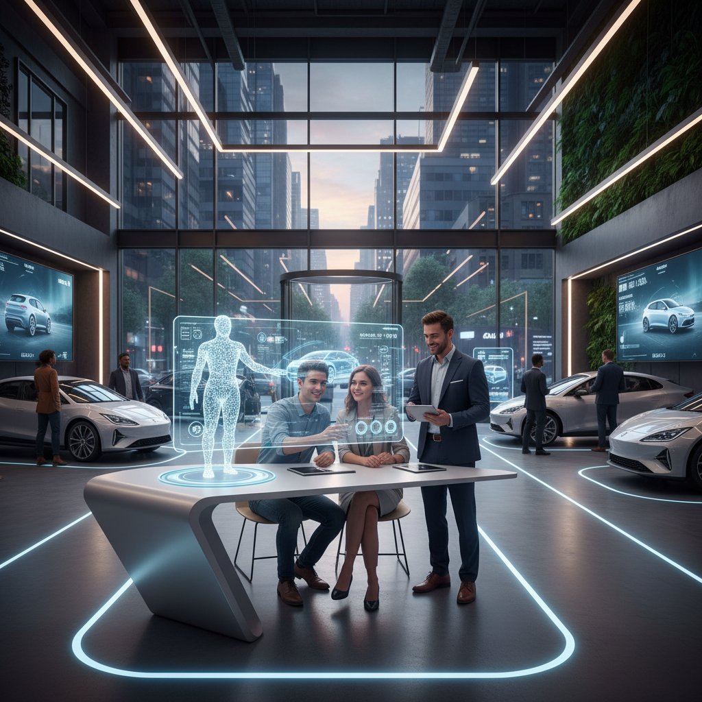 Team of car buyers using both AI car buying assistant and human advisor, urban dealership background