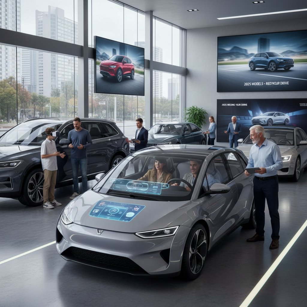 Car buyers from different generations exploring 2025 models, diverse group at dealership