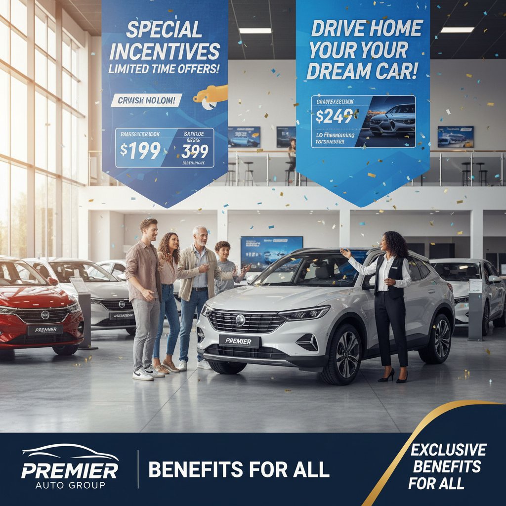 Car buyers exploring special incentives with dealer, diverse backgrounds, dealership scene