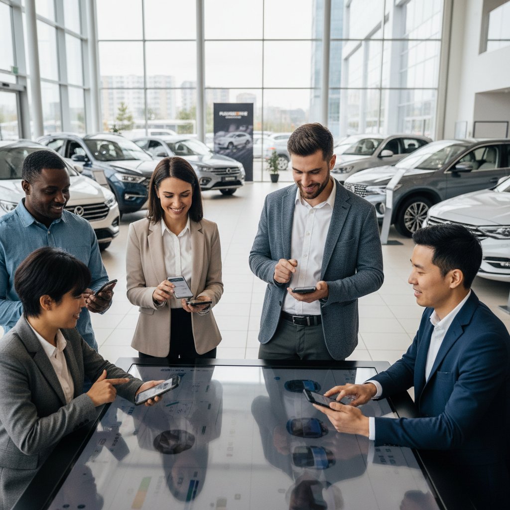 Diverse people using smartphone apps to compare cars at dealership, car buying decision tools in action