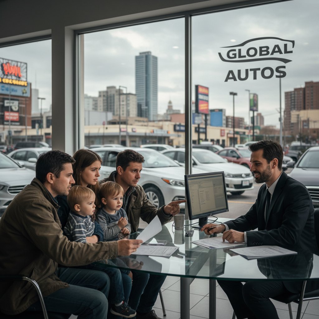 Immigrant family at car dealership, tense but hopeful, facing the emotional challenge of car buying