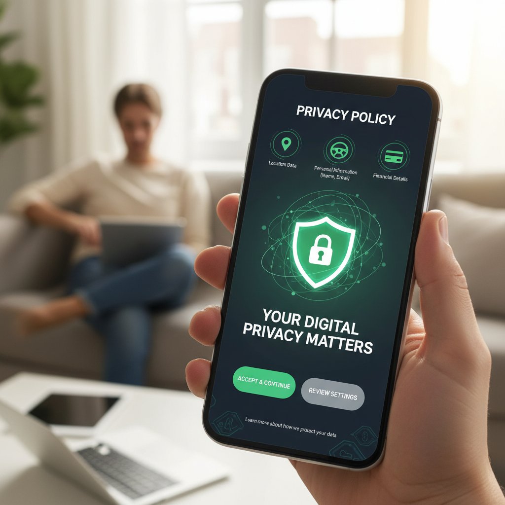 Person reviewing privacy policy on smartphone, car buying assistant interface visible, digital privacy concern