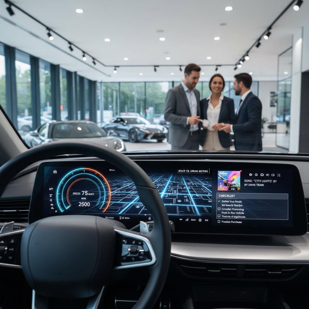 Buyer with checklist reviewing car technology questions with dealer, digital dashboard visible, urban dealership setting