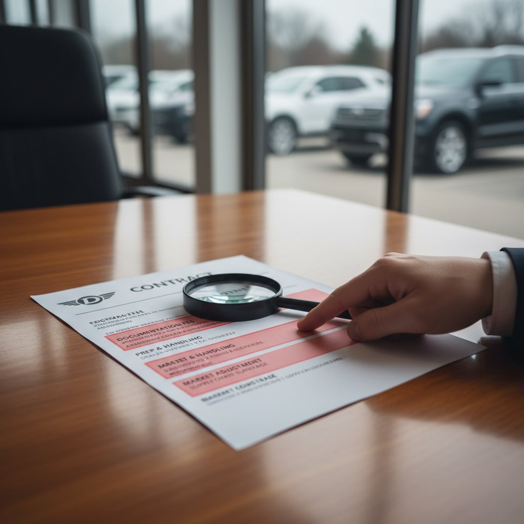 Car buying contract showing hidden fees, close-up of hands highlighting paperwork, dealership desk