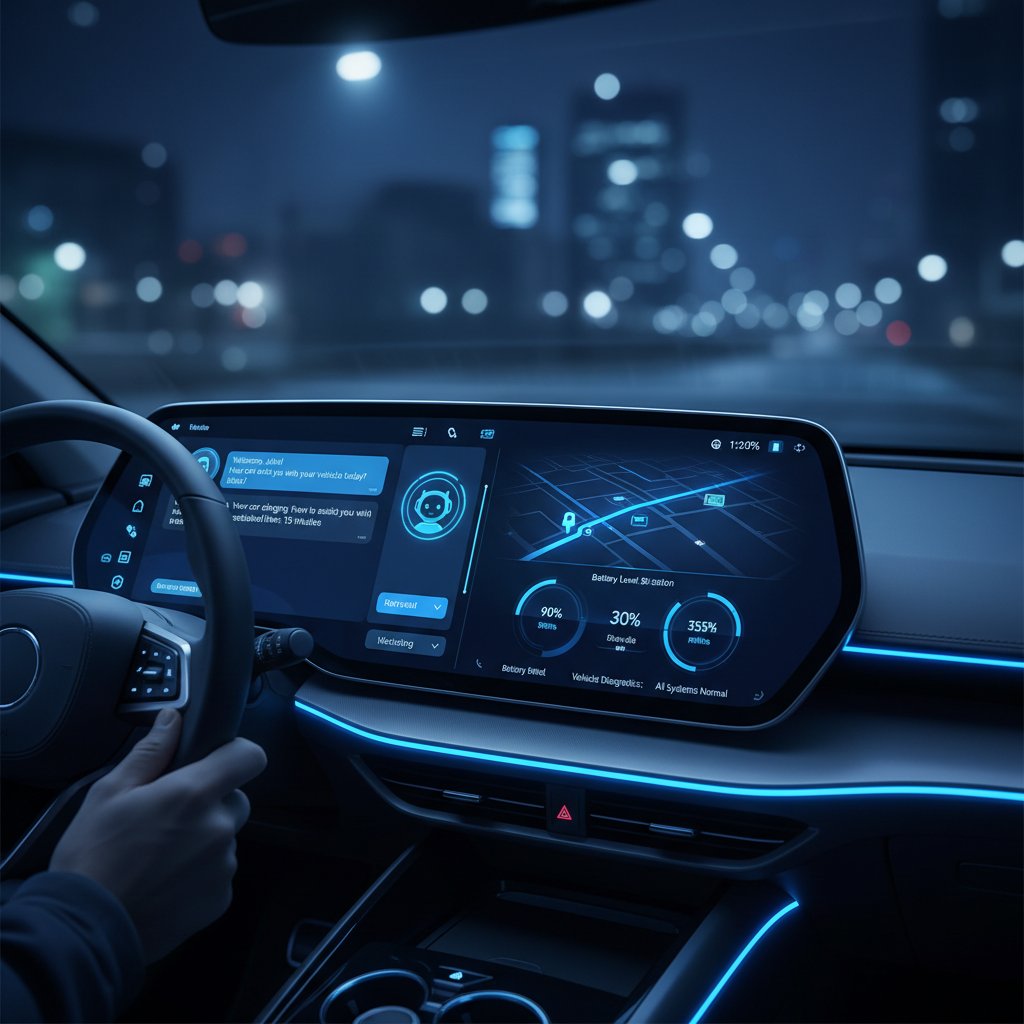 User browsing car concierge dashboard online with car options and chat assistant, cool blue tones