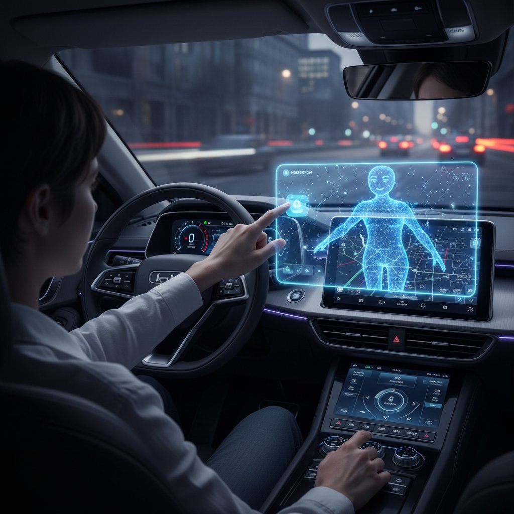 Car dashboard with holographic AI assistant, driver interacting