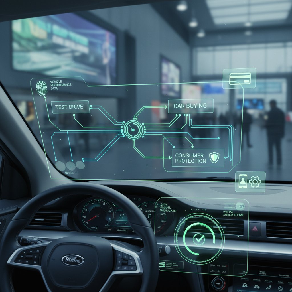Car dashboard emitting streams of personal data during test drive, visualizing hidden data collection in car buying and consumer protection