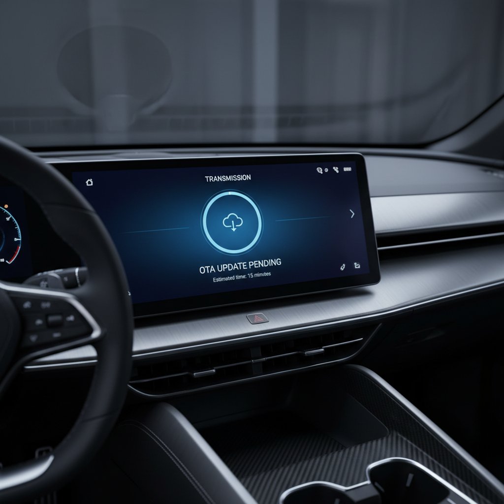 Car dashboard showing software update affecting transmission, driver receiving OTA update notification, modern interface, night lighting