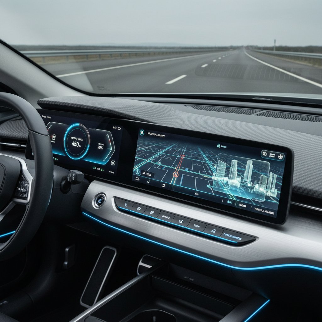 Close-up of car dashboard with highlighted tech features, labels