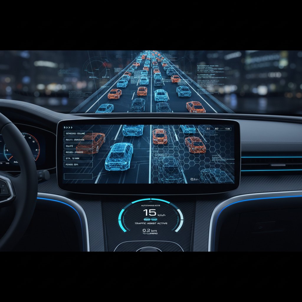 Car dashboard traffic jam assist interface in use, showing technical controls and TJA engaged