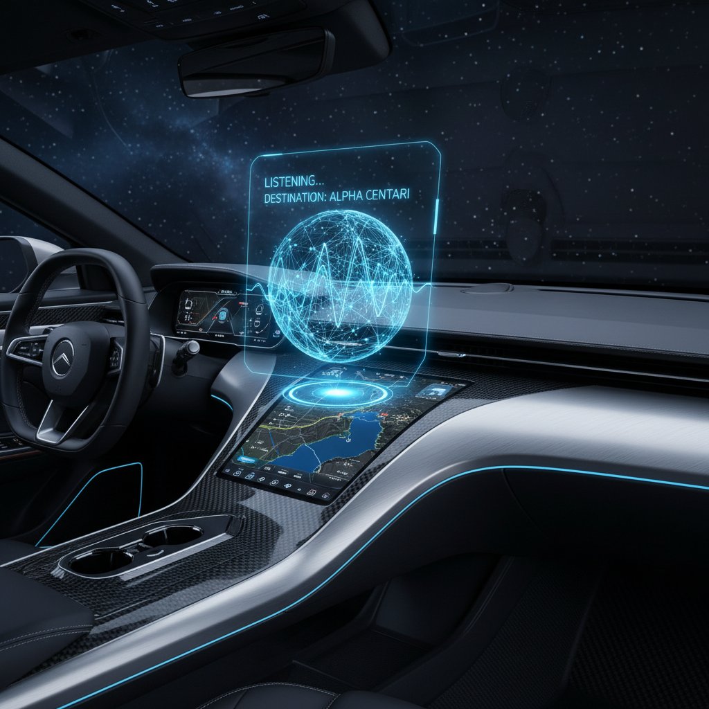 Car dashboard with voice command interface, futuristic lighting, representing NLP in connected vehicles