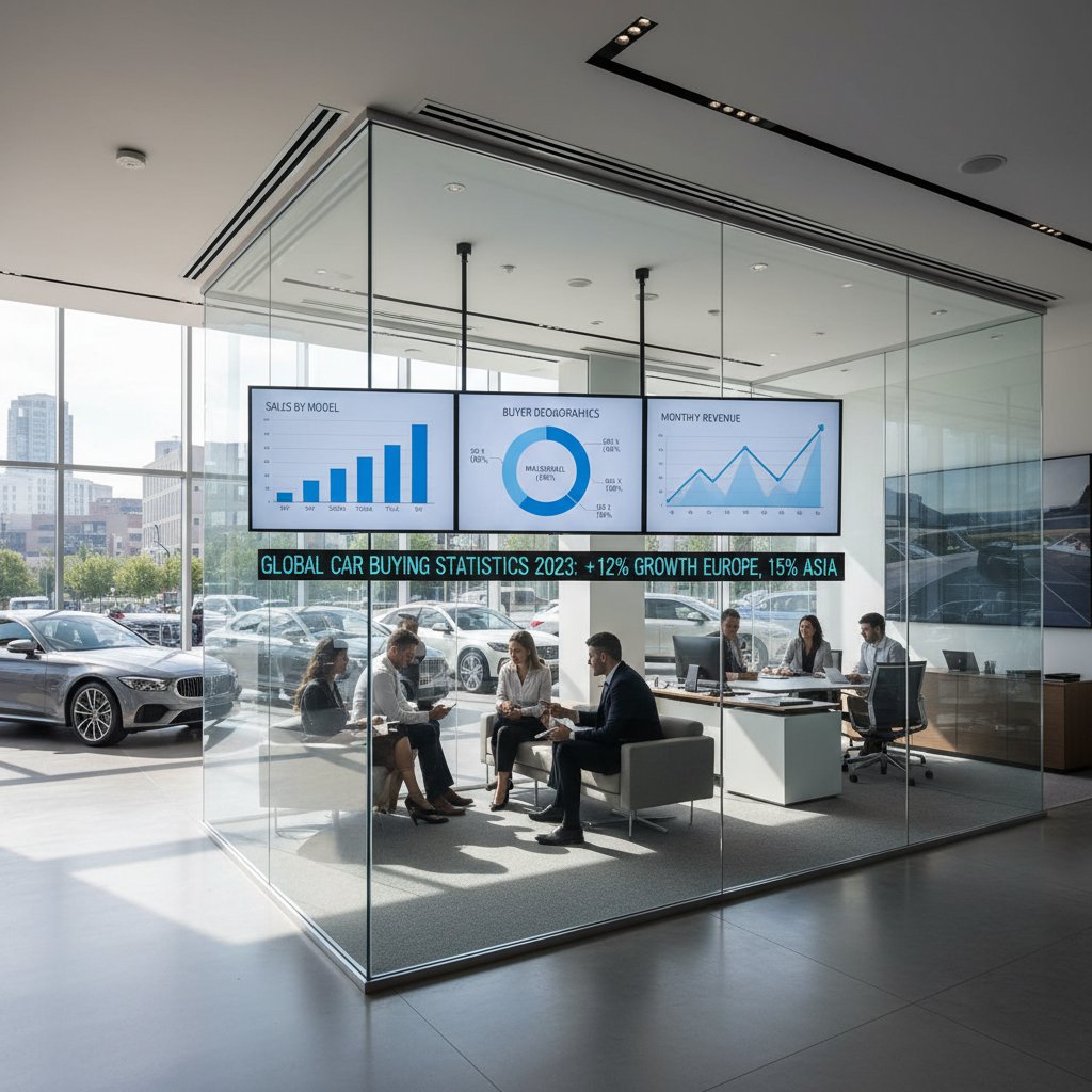 Car dealer controlling access to statistics in glass office, buyers waiting, charts and data visible, car buying statistics