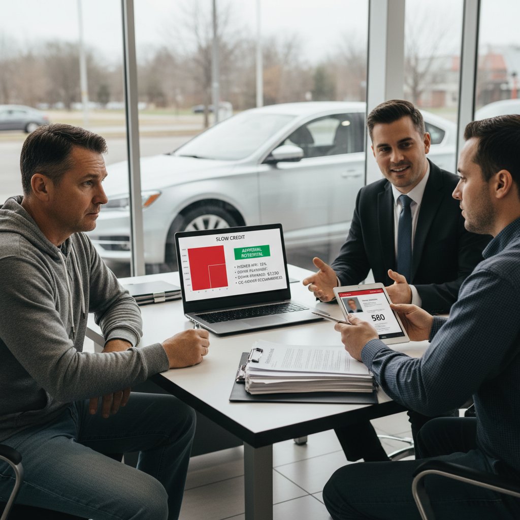 Dealer in office with stack of loan agreements, eyeing customer profile on computer, highlighting profiling in car lending
