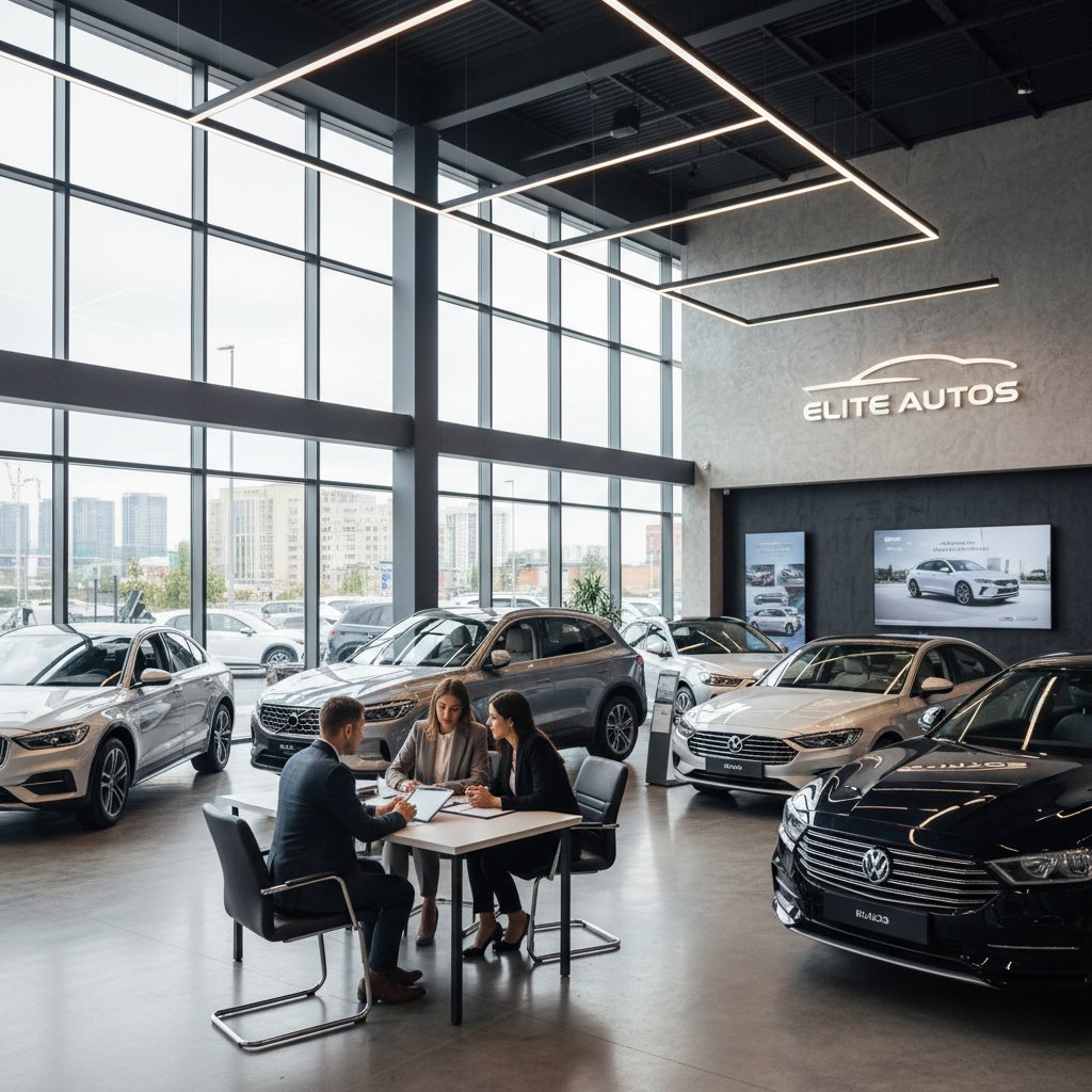 Car sales team discussing incentives at dealership, modern interior, subtle tension